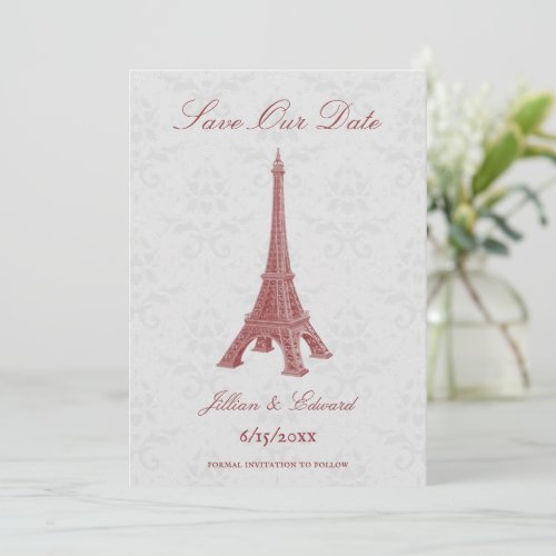 Red Eiffel Tower Damask Save The Date Announcement