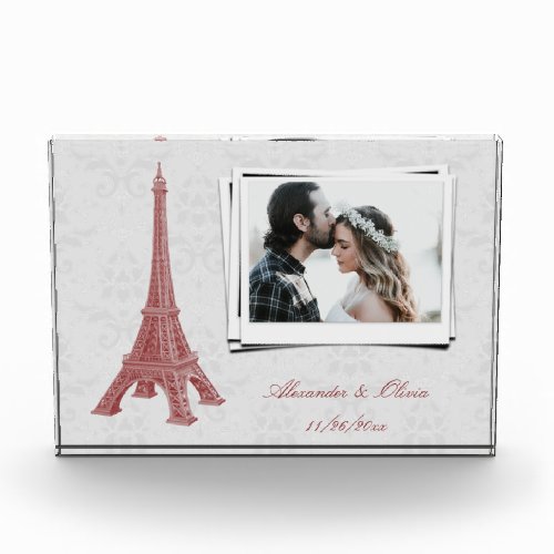 Red Eiffel Tower Damask Wedding Couples Photo Block