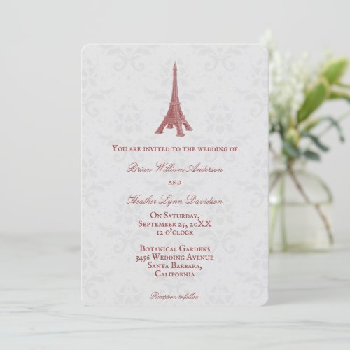 Red Eiffel Tower Damask Wedding Invitation