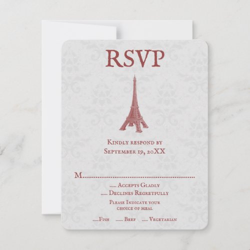 Red Eiffel Tower Damask Wedding RSVP Card