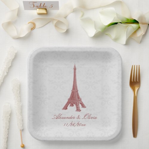 Red Eiffel Tower Damask Wedding Shower Paper Plates