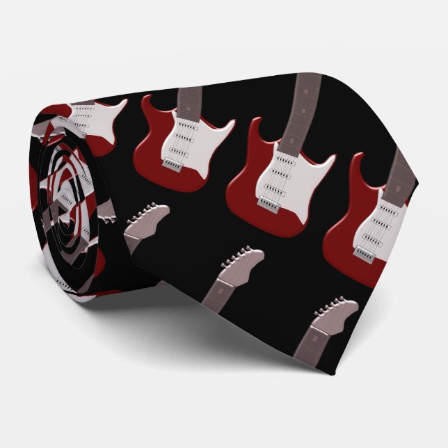 Red Electric Guitar Design Neck Tie (Rolled)
