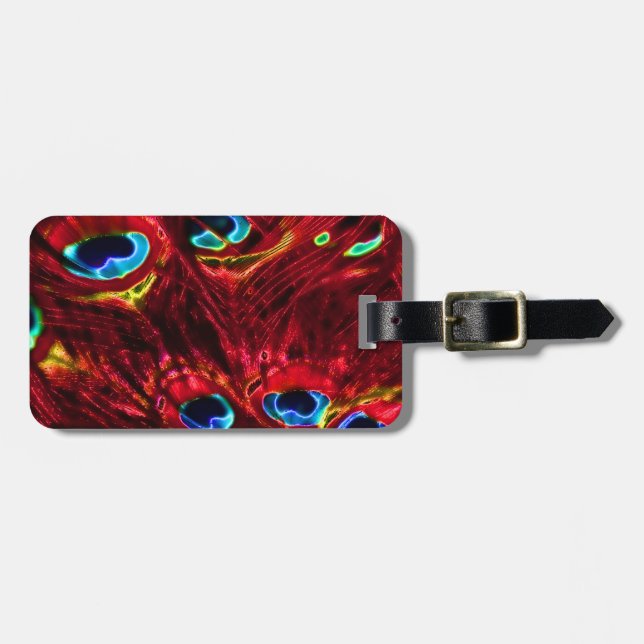 Red Electro Peacock Feathers Luggage Tag (Front Horizontal)