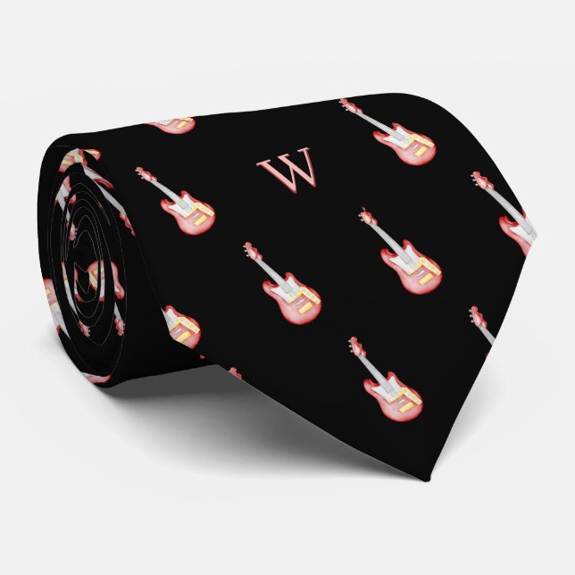 Red Electronic Guitar Music Monogram Initial Black Neck Tie (Rolled)