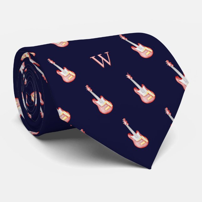 Red Electronic Guitar Music Monogram Initial Blue Neck Tie (Rolled)