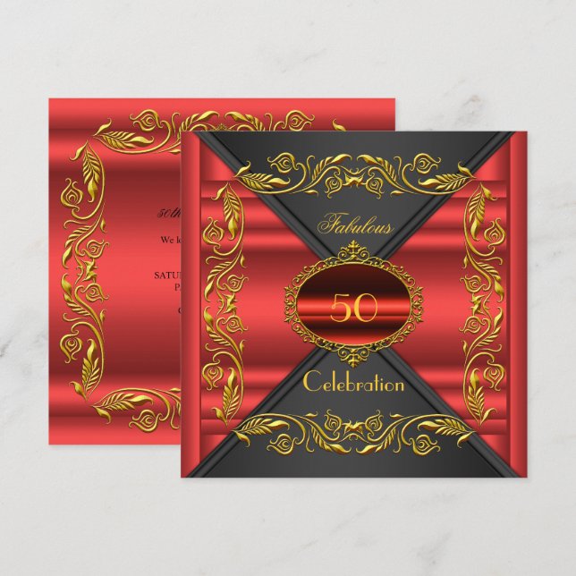 Red Elegant Black Gold Fabulous 50th Birthday Invitation (Front/Back)
