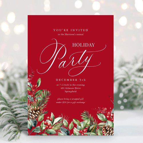 Red Elegant Botanical Script Holiday Party Invitation