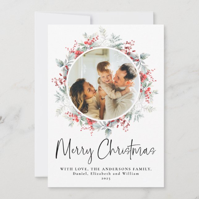 Red Elegant Botanical Wreath Christmas Script Holiday Card (Front)