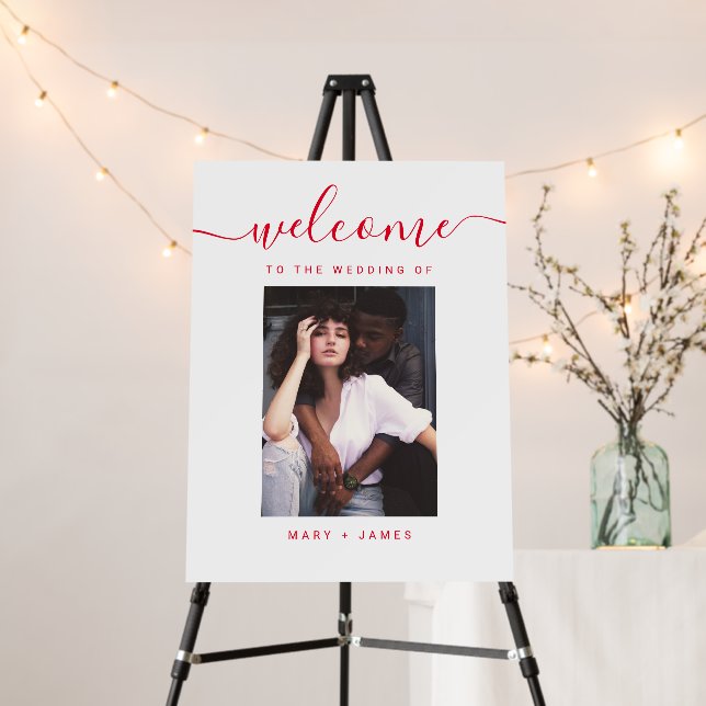 Red Elegant Calligraphy Photo Wedding Welcome Foam Board (In Situ (Stand))