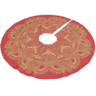 Red Elegant Chic Golden Mandala Flower Art Pattern Brushed Polyester Tree Skirt
