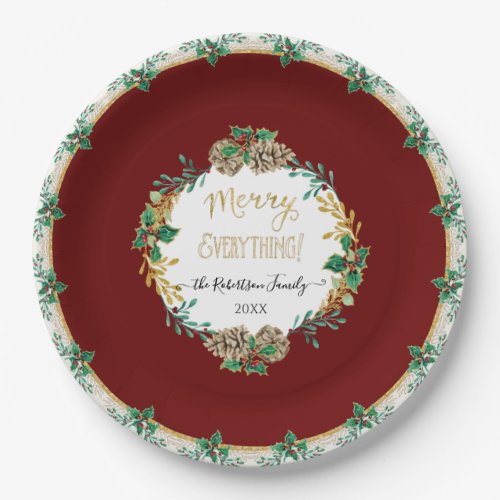 Red Elegant Christmas Holly Watercolor Gold Family Paper Plates