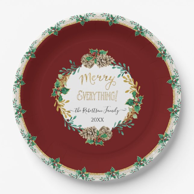 Red Elegant Christmas Holly Watercolor Gold Family Paper Plates (Front)
