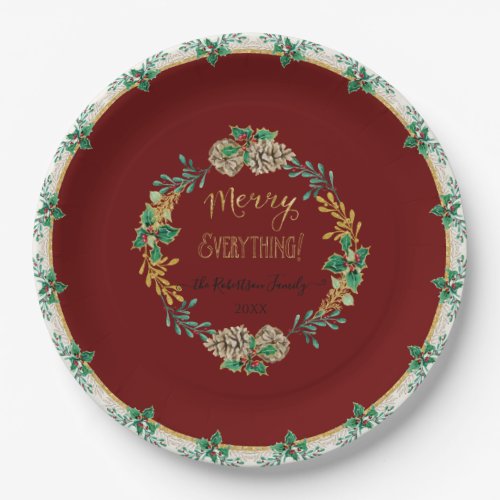 Red Elegant Christmas Holly Watercolor Gold Family Paper Plates