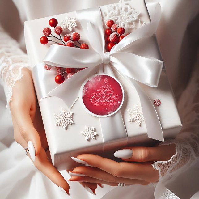 Red Elegant Christmas tree Classic Round Sticker (Creator Uploaded)