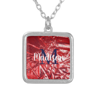 Red Elegant Custom Monogram Personalized Silver Plated Necklace