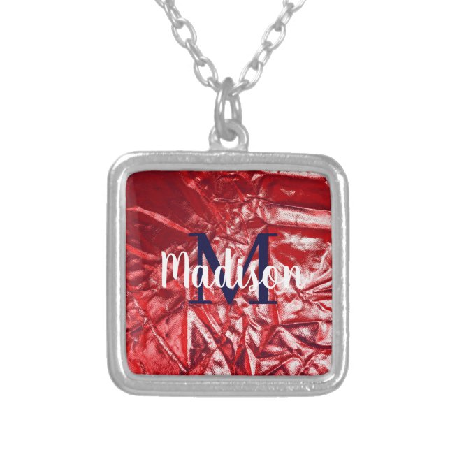 Red Elegant Custom Monogram Personalized Silver Plated Necklace (Front)