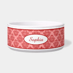 Red Elegant Damask Pattern With Custom Name Bowl<br><div class="desc">Stylish red vintage damask pattern background with a personalizable text area for the name of the pet. The font is a lovely script font in red color.</div>