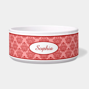 Red Elegant Damask Pattern With Custom Name Bowl