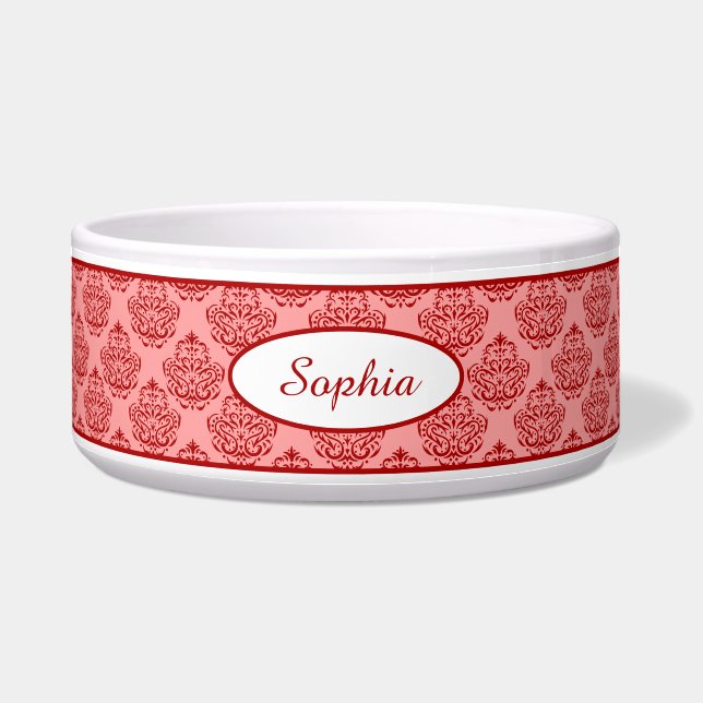 Red Elegant Damask Pattern With Custom Name Bowl (Front)