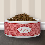 Red Elegant Damask Pattern With Custom Name Bowl<br><div class="desc">Stylish red vintage damask pattern background with a personalizable text area for the name of the pet. The font is a lovely script font in red color.</div>