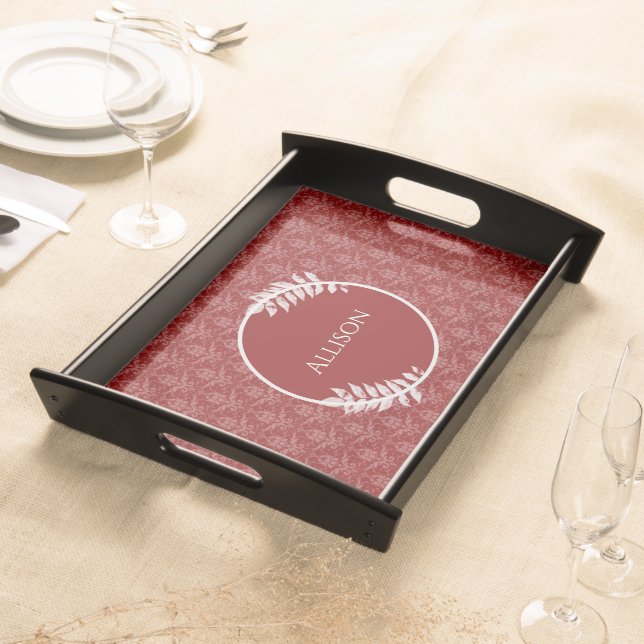 Red Elegant Damask Personalized Serving Tray (Front)