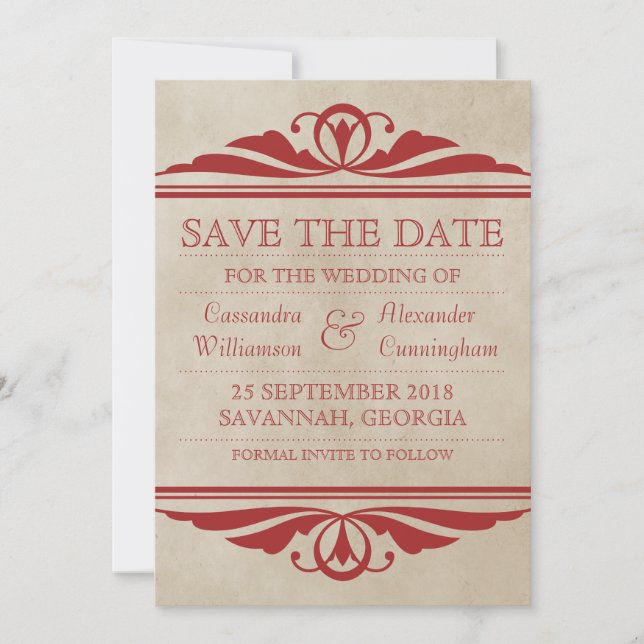 Red Elegant Deco Save the Date Invite (Front)