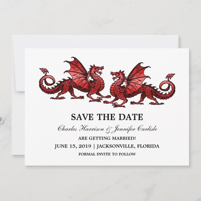Red Elegant Dragons Save the Date Invite (Front)