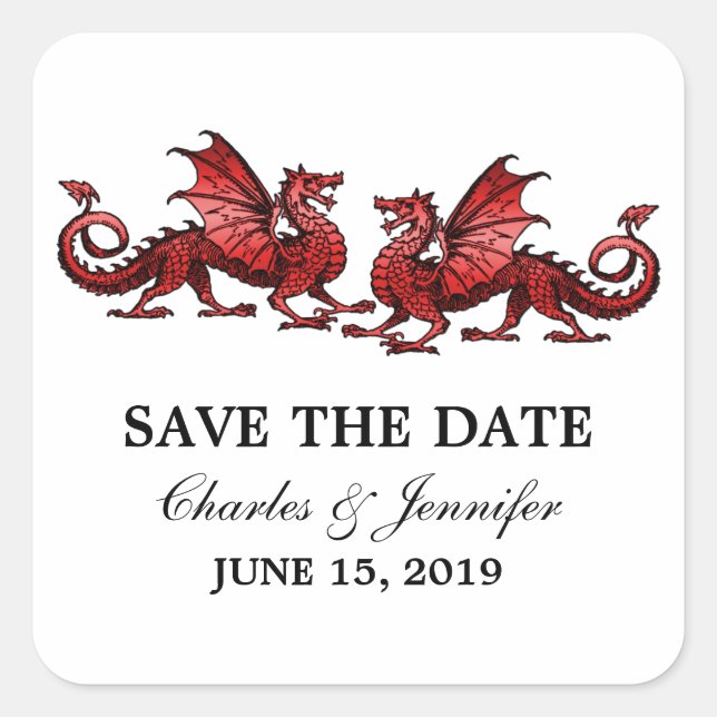 Red Elegant Dragons Save the Date Stickers (Front)