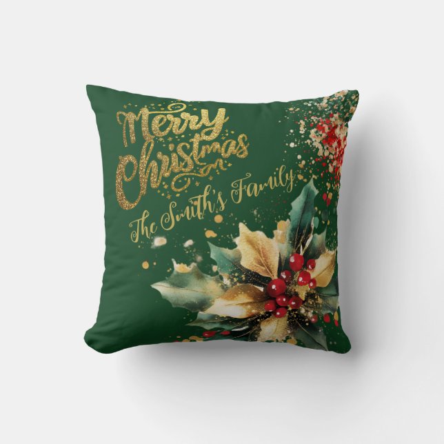 Red Elegant Family Gold Glitter Script Christmas  Throw Pillow (Front)