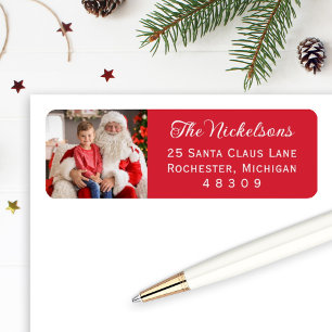 Red Elegant Family Photo Christmas Address Label