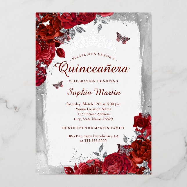 Red Elegant Floral Butterfly Quinceanera  Foil Invitation (Front)