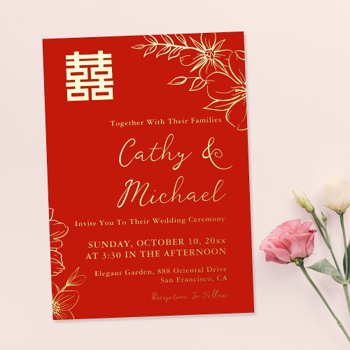 Red elegant floral Chinese wedding tea ceremony Foil Invitation