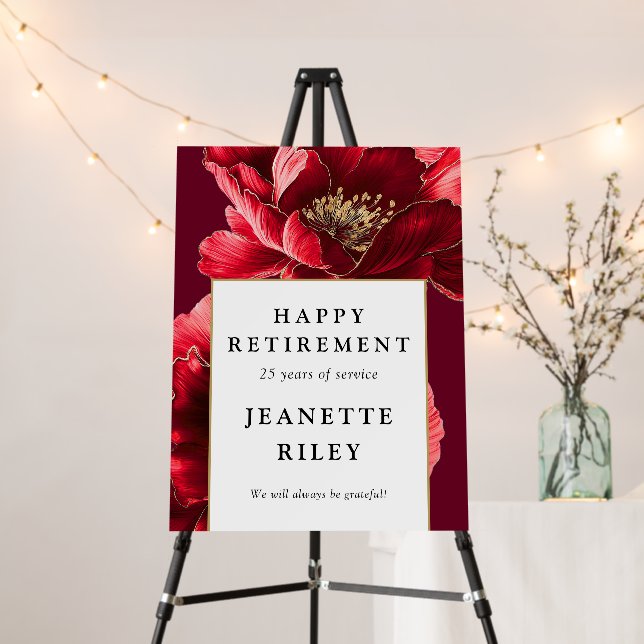 Red Elegant Floral Happy Retirement Welcome Sign (In Situ (Stand))