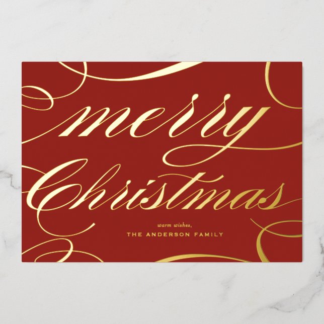 Red Elegant Flourish Script Merry Christmas Foil Holiday Card (Front)