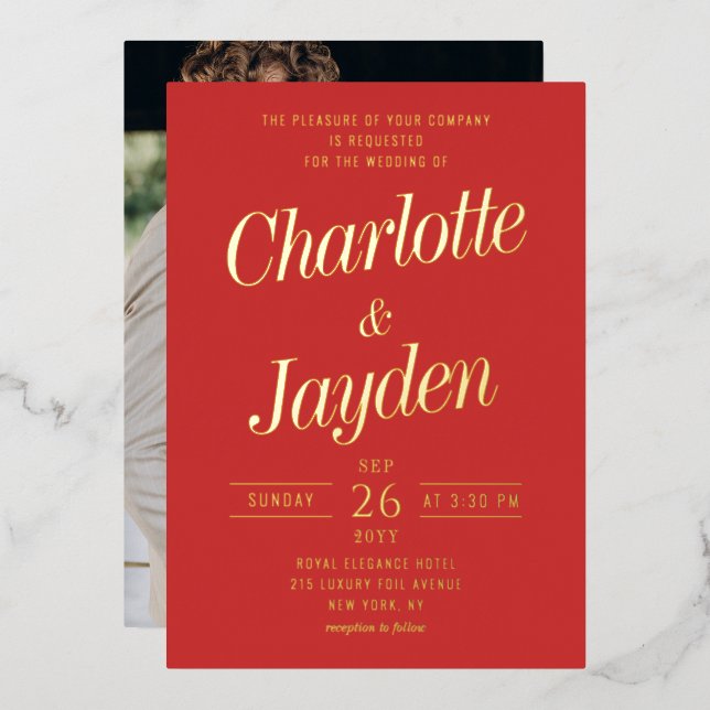 Red Elegant Foil Script Photo Wedding Foil Invitation (Front/Back)