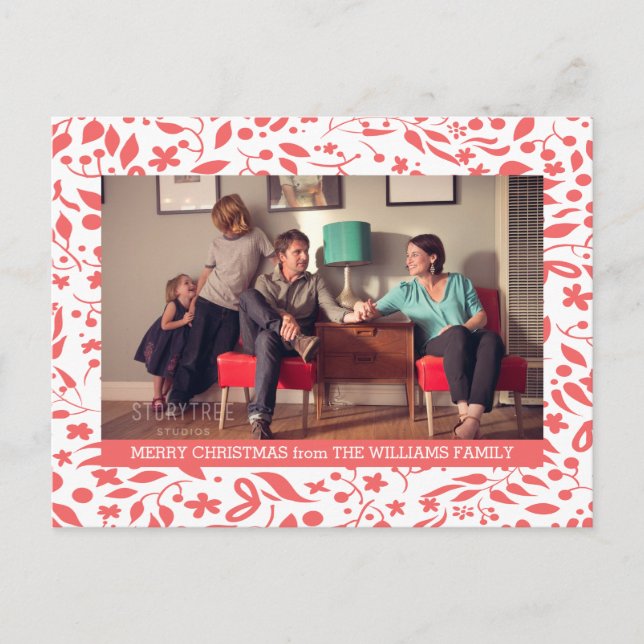 Red Elegant Foliage Holiday Photo Postcard (Front)