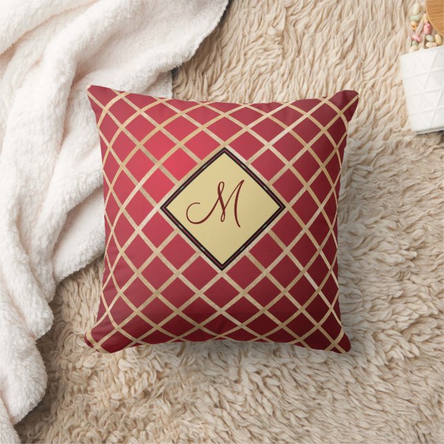 Red Elegant Gold Diamond Pattern Monogram Throw Pillow (Blanket)