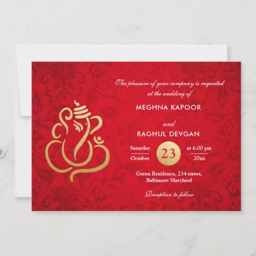 Red Elegant Gold Foil Ganesha Indian Damask  Invitation