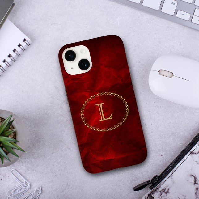 Red Elegant Gold Oval Monogram Case-Mate iPhone Case (Creator Uploaded)