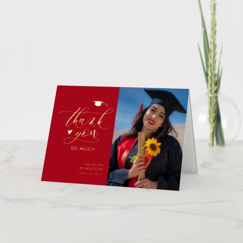 Red Elegant Gold Script Graduation Thank You Foil Greeting Card
