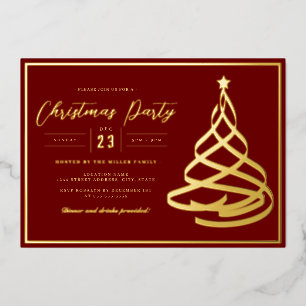 Red Elegant Gold Tree Christmas Party Foil Invitation