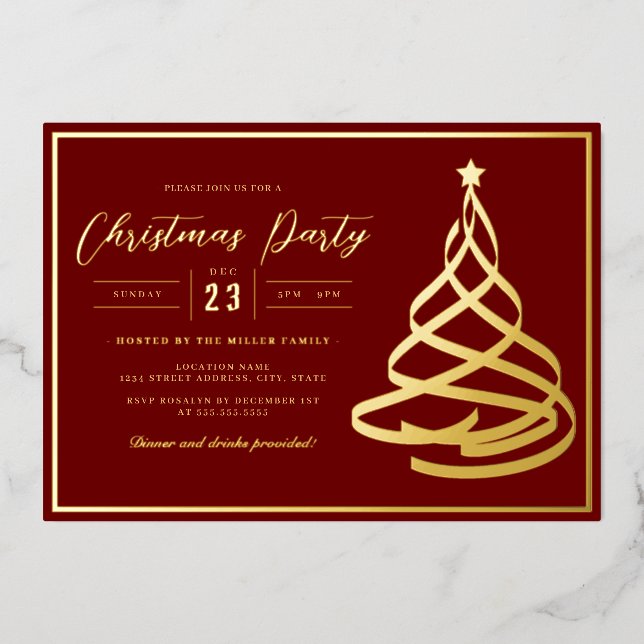 Red Elegant Gold Tree Christmas Party Foil Invitation (Front)