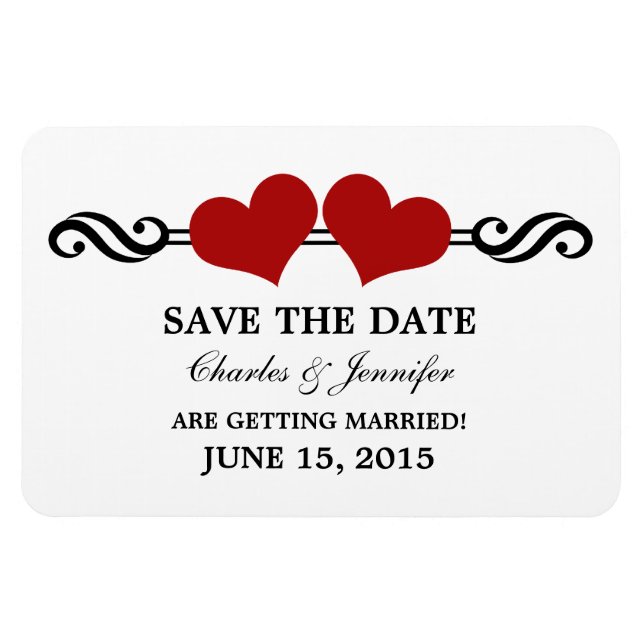 Red Elegant Hearts Save the Date Magnet (Horizontal)