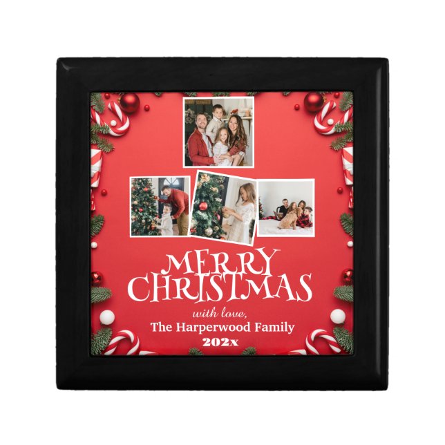 Red Elegant Merry Christmas  Family Photo Collage Gift Box (Front)