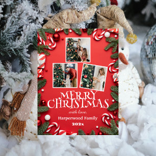 Red Elegant Merry Christmas Family Photo Collage Holiday Postcard