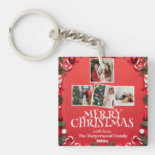 Red Elegant Merry Christmas Family Photo Collage Keychain