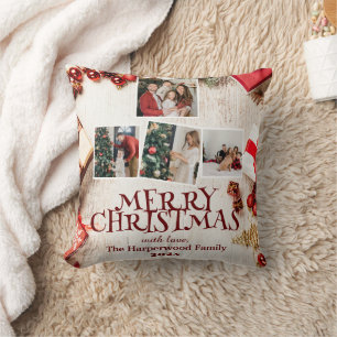 Red Elegant Merry Christmas Family Photo Collage Throw Pillow