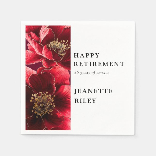 Red Elegant Modern Floral Happy Retirement Napkins (Front)
