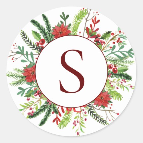 Red Elegant Monogram Holiday Winter Wreath Classic Round Sticker
