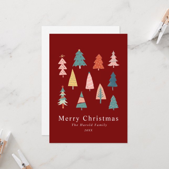 Red  Elegant Non Photo Christmas Trees Card (Front/Back In Situ)